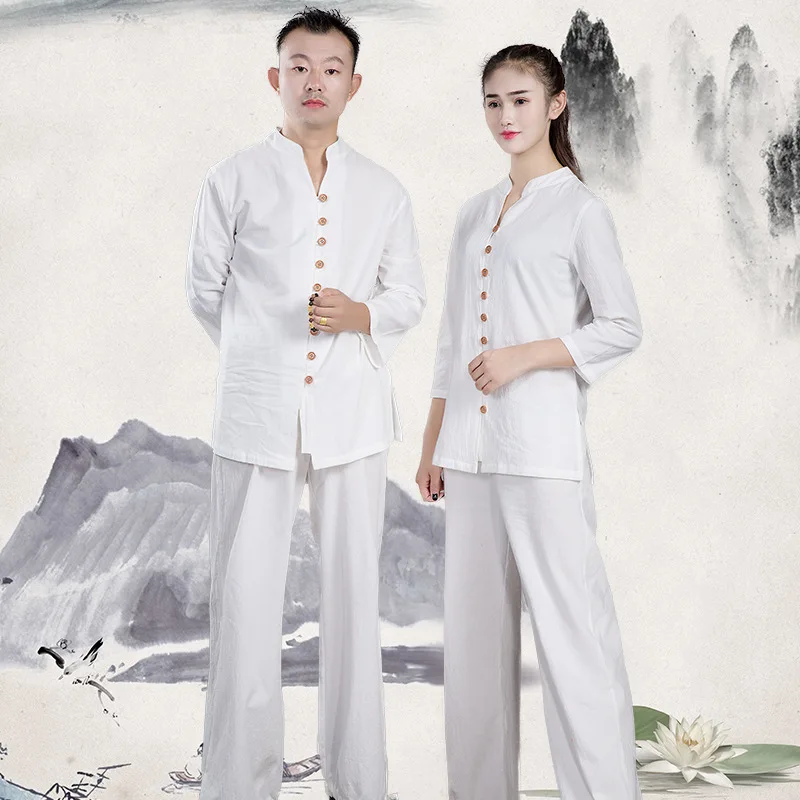 

Chinese Tradition Men Yoga Suit Loose Trousers Tops Set Tai Chi Clothing Linen Outdoor Clothes Zen Meditation Clothing