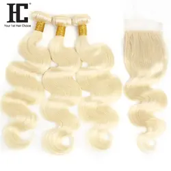 HC 613 светлые пучки с закрытием бразильские тела волна 3 пучки с закрытием блондинка Реми человеческие волосы плетение пучков с закрытием