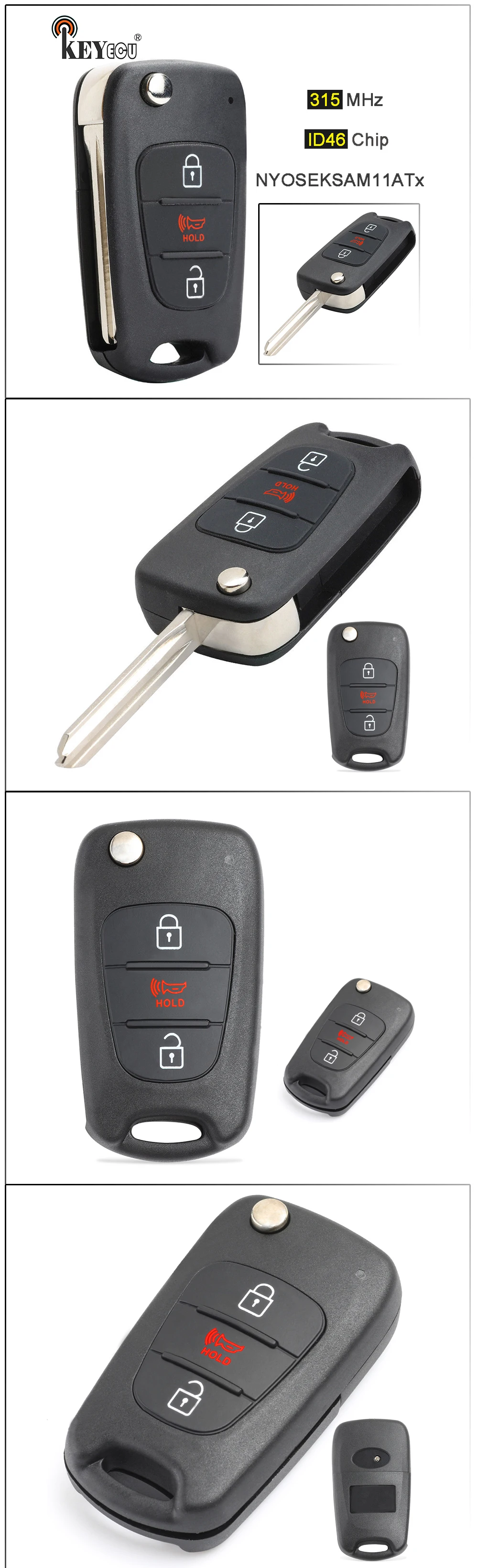 Keyforkess 315MHz ID46 Chip NYOSEKSAM11ATx sostituzione Flip pieghevole 3 pulsanti telecomando portachiavi per Kia Soul 2010 2011 2012 2013 -