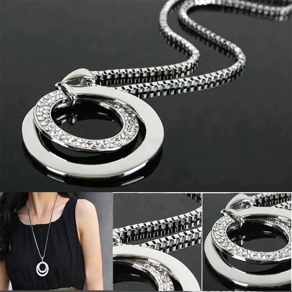 1Pc Crystal Rhinestone Chunky Silver Plated Double Circle Pendant Long