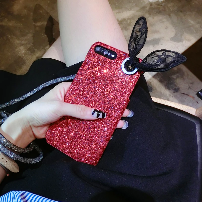 Aoweziic Hot Japan mobile phone shell female For iphone X XS XS MAX protective sleeve glitter lace 6s 7 8Plus strap rabbit ears