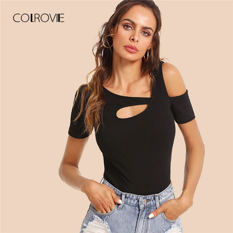 COLROVIE Burgundy Cutout Asymmetrical Neck Ribbed Top Tees 2018 New Summer Black Vest Clothing Stretchy...