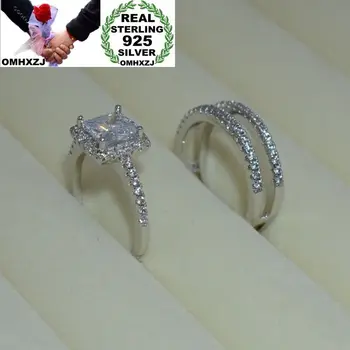 

OMHXZJ Wholesale European Fashion Woman Man Party Wedding Gift Silver White Square AAA Zircon 925 Sterling Silver Ring Set RR38