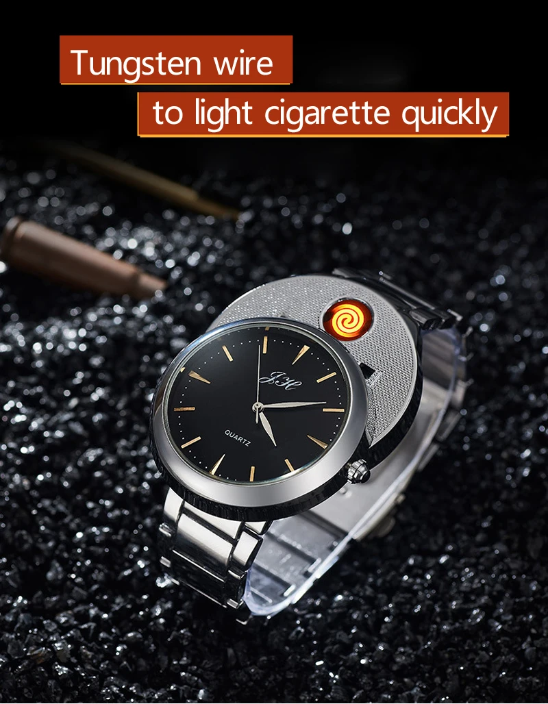 Для мужчин часы Творческий беспламенная USB Зажигалка часы для мужчин кварцевые наручные часы Вольфрам сталь ремешок для часов сигарет часы