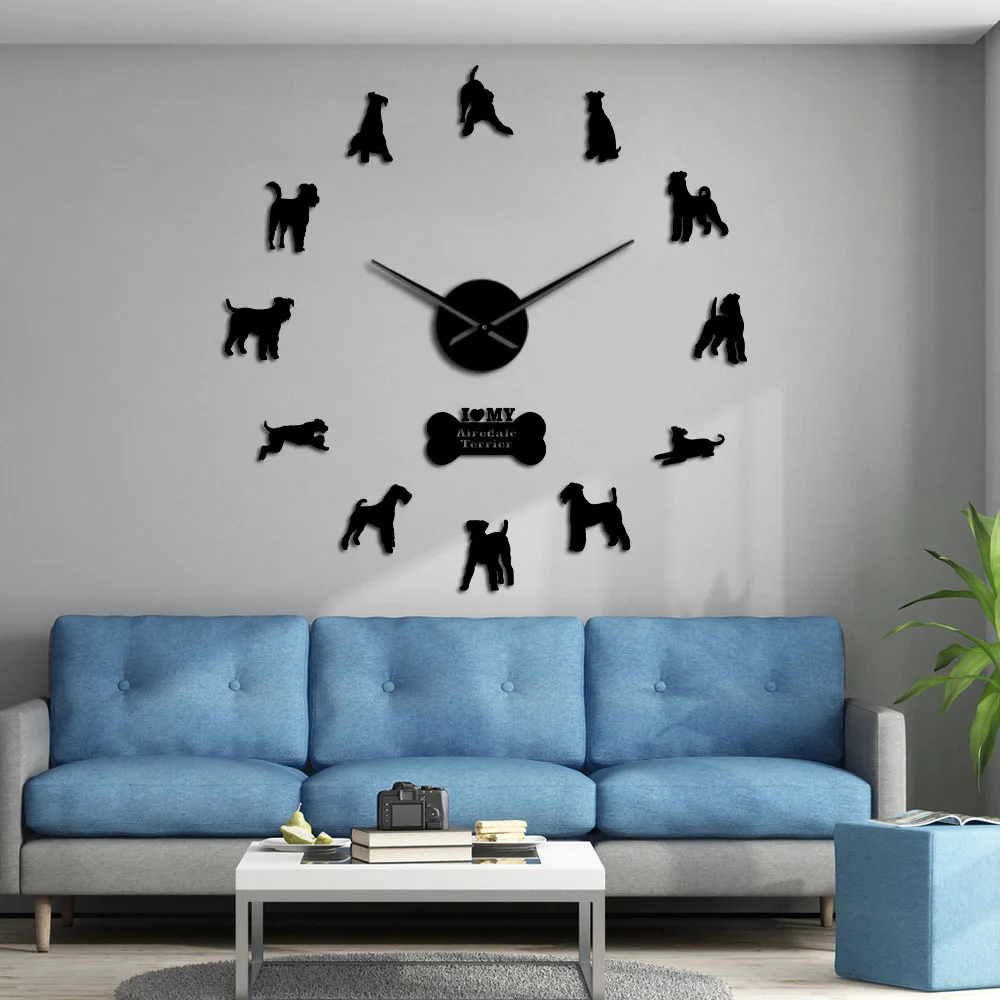 

3D Dog Breed Airedale Bingley Terrier Stickers Large DIY Frameless Mute Wall Clock Watch Home Room Wall Art Decor Dog Lover Gift