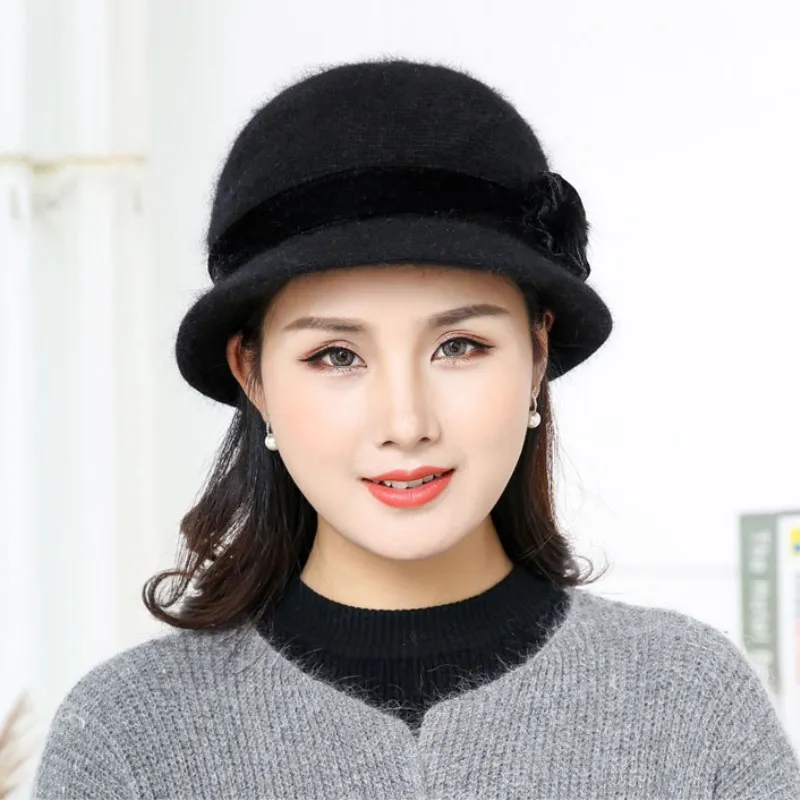 Hot Sell Winter Women Knitted Floral Skullies Super Soft Wool Mix Rabbit Fur Hat Warm Beanies Female Baggy Headwear Cap