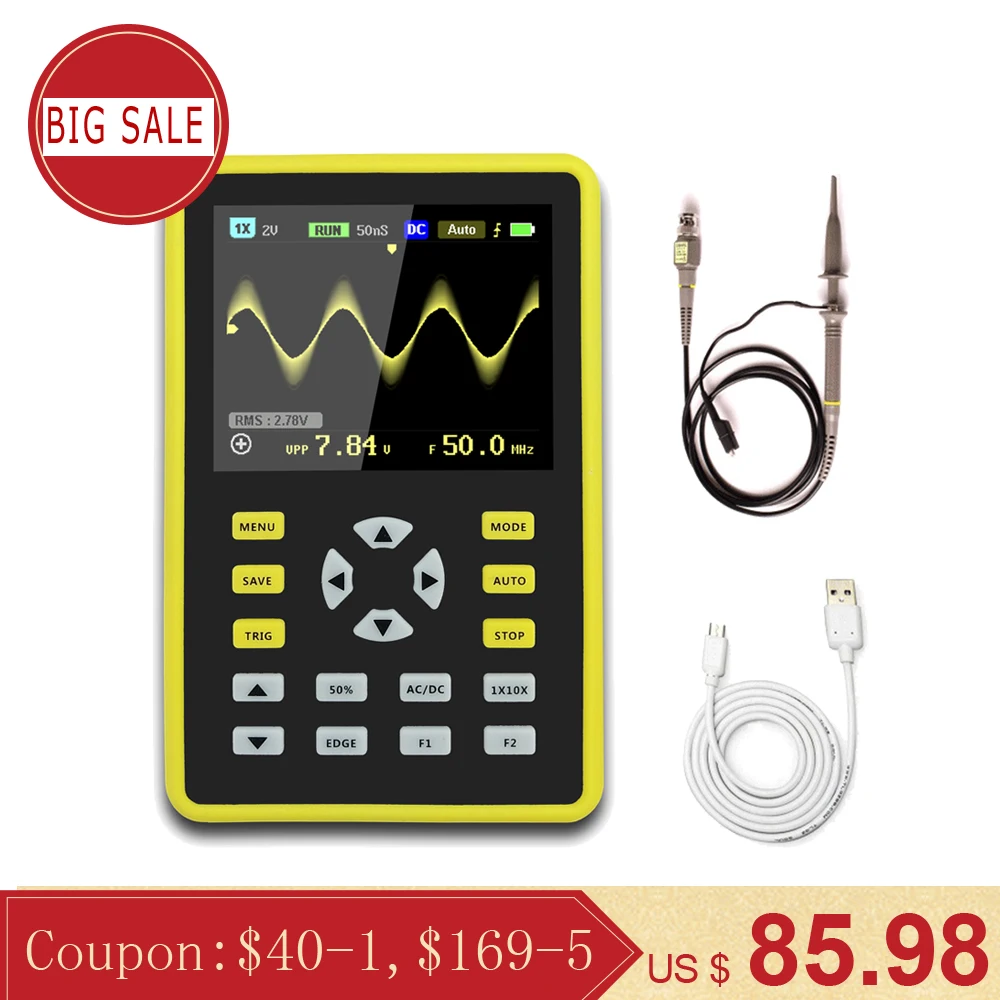 

5012H 2.4" LCD Handheld Portable Digital Mini Oscilloscope with 100MHz Bandwidth and 500MS/s Sampling Rate