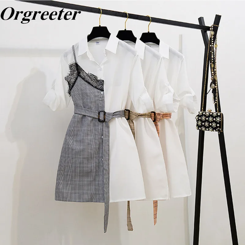 

2019 Summer Fashion Streetwear Short Sleeve lace-trimmed Patchwork Plaid Shirt Dresses Belt Single-breasted Casual Short Dress