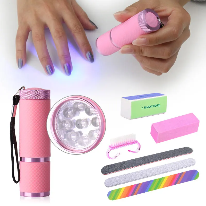 

Belen 9W Nail Dryer LED Flashlight UV Lamp Portable Tools Set Nail Art File Nail Buffers Durable Buffing Grit Sand Block KIT