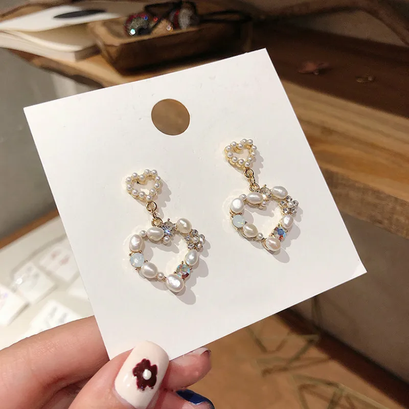

New Arrival Simulated-pearl Trendy Heart Women Korean Dangle Earrings Color Drilling Hollow Stitching Love Pendant Earrings