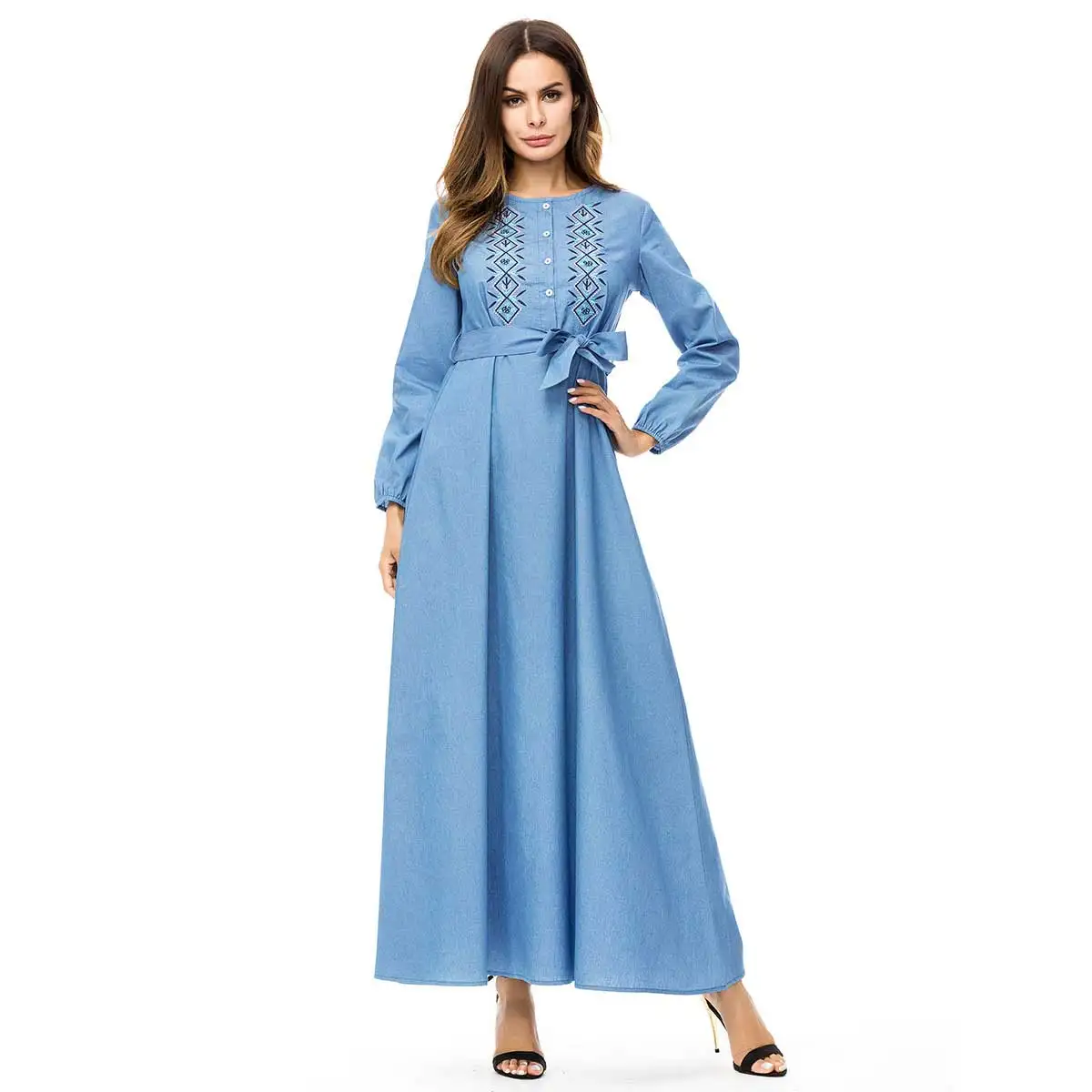 

Women Vintage Denim muslim abaya Ethnic Geometric Embroidery oversized Dress With Belt islamic dubai arabic kaftan robe VKDR1416