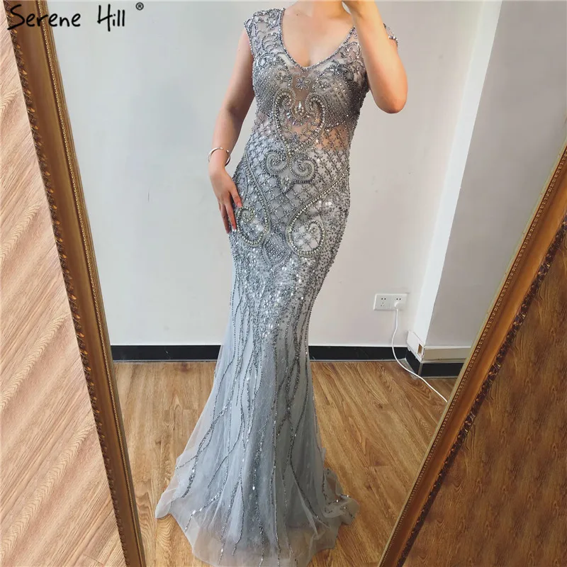 Дубай дизайн серое роскошное вечернее платье с v-образным вырезом полностью алмазные Сексуальные вечерние платья Русалка Serene Хилл LA70063