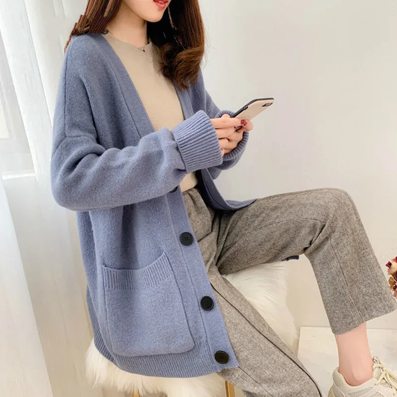 PEONFLY Midi Long Sweater Cardigan For Women Autumn Winter Pocket Long Sleeve Cardigan Female Knitted Jacket Women Red Blue