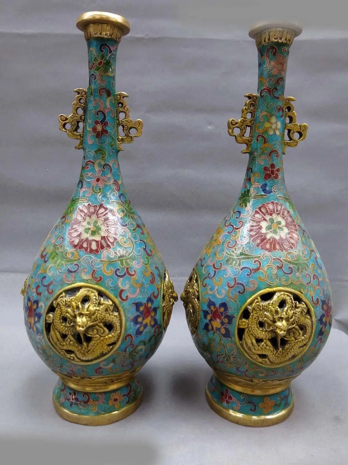 

14" China bronze gild Cloisonne finely blue dragon Vases pair sculpture Statue