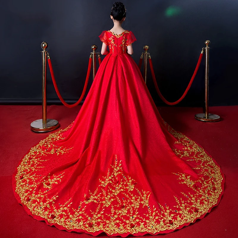 Роскошная детская одежда для свадьбы красное бальное платье с длинным шлейфом; платье с вышивкой для девочек, нарядные платья Подиум вечерние платья для выступлений S145