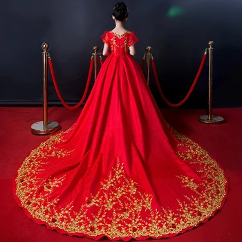 

Luxury Kids Wedding Clothing Red Ball Gown Dress Long Trailing Emboridery Girls Pageant Vestidos Catwalk Party Show Dresses S145
