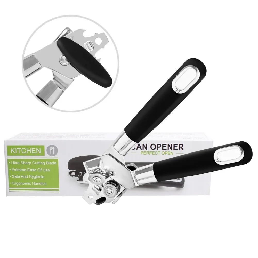 3-IN-1 Manual Can Opener Can Opener Stainless Steel Kitchen Bottle Opener with Smooth Edge Large Turn Knob Sharp Blades Ergonomic Anti Slip Grip Handle