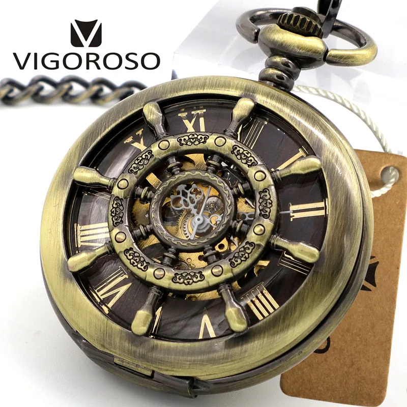 

VIGOROSO Vintage Retro Bronze Mechanical Pocket Watch Rudder Helm Design Double Hunter Hand Winding up Fob Chain Pocket Wathes