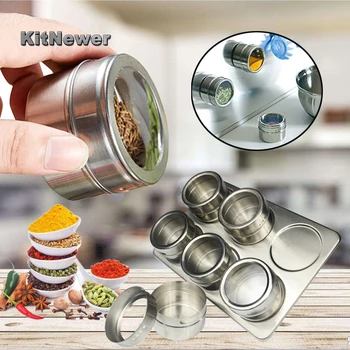 

6 Pieces Magnetic Stainless Steel Cruet Condiment Spice Jars Set Salt and Pepper Shakers Seasoning Sprays Cooking Barbeque Tool