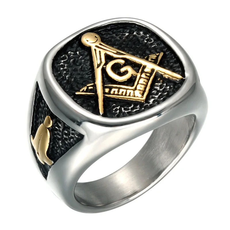 

Vintage 316L Stainless Steel Men Ring Gold Tone Free Mason Masonic Male Retro Punk Black Brand Ring Jewelry