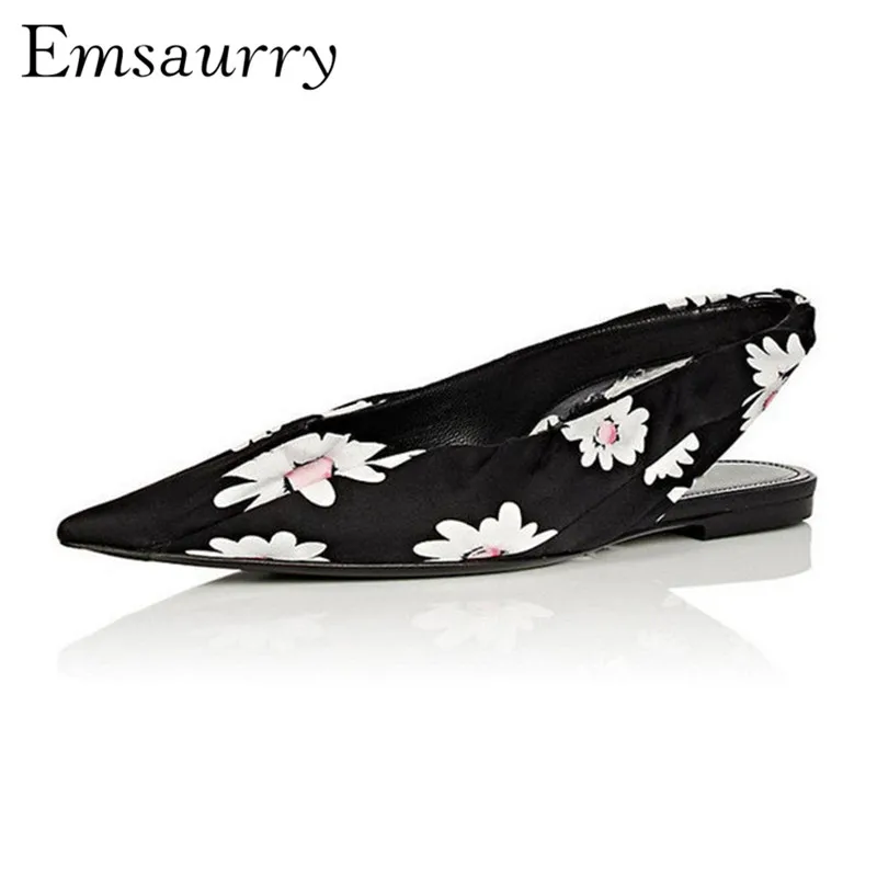 

Printed Floral Flat Shoes Woman Black Pointed Toes Slim Slingback Fashion Runway Casual Shoes