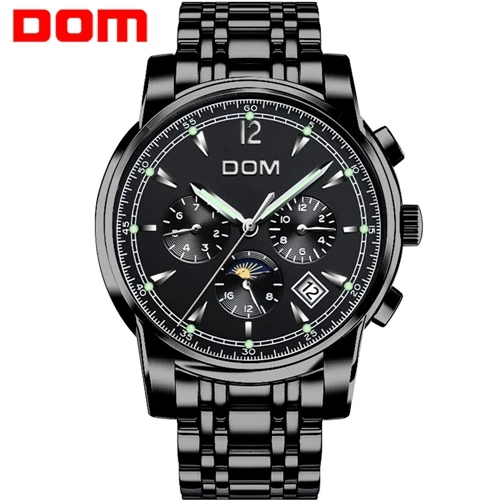 DOM новые механические мужские часы Moon Phase лучший бренд класса люкс стильные Водонепроницаемые многофункциональные спортивные автоматические часы Relogio Masculino M-75 - Цвет: M-75BK-1MX