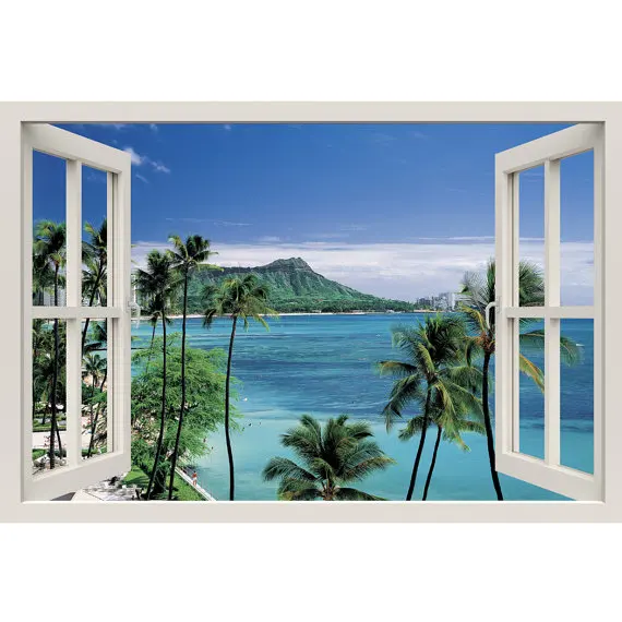 

Free shipping TROPICL BEACH Window 3D Wall Decal Art waterproof Removable Wallpaper Forest Mural Sticker Vinyl Home Decor