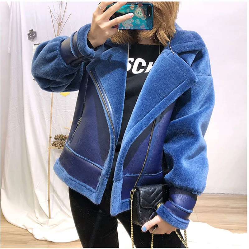 2018 new sheep sheared wool coat women real wool and pu jacket Free