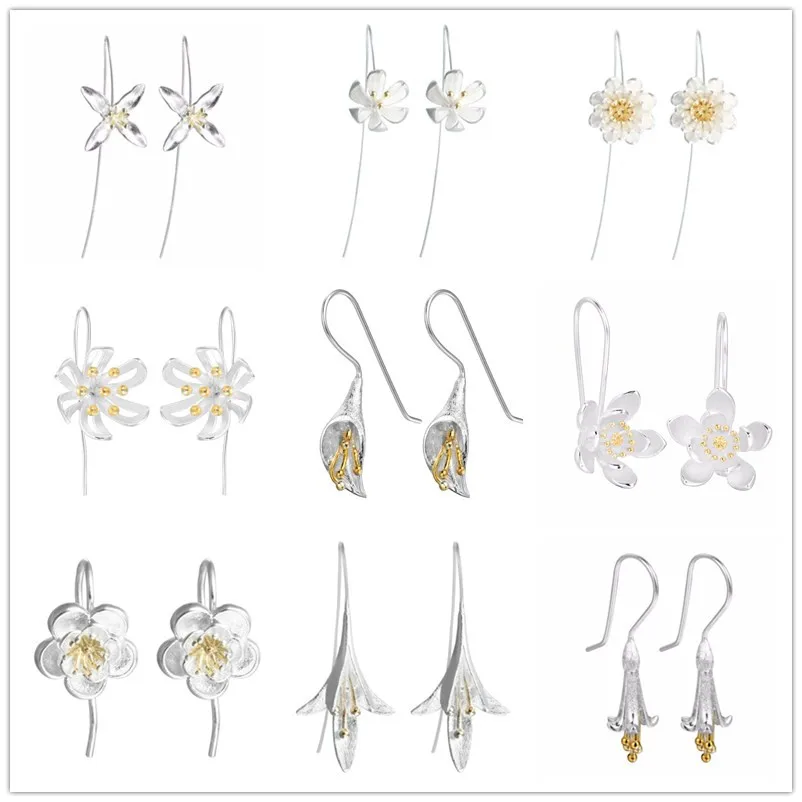 

Korean Flower Earrings Woman Turkish Silver Jewelry Wedding Bridesmaid Gift Floral Charms Bride Drop Earrings Ladies Girls