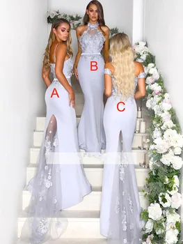 

Silver Cheap Bridesmaid Dresses Under 50 Mermaid Halter Flowers Long Wedding Party Dresses For Women