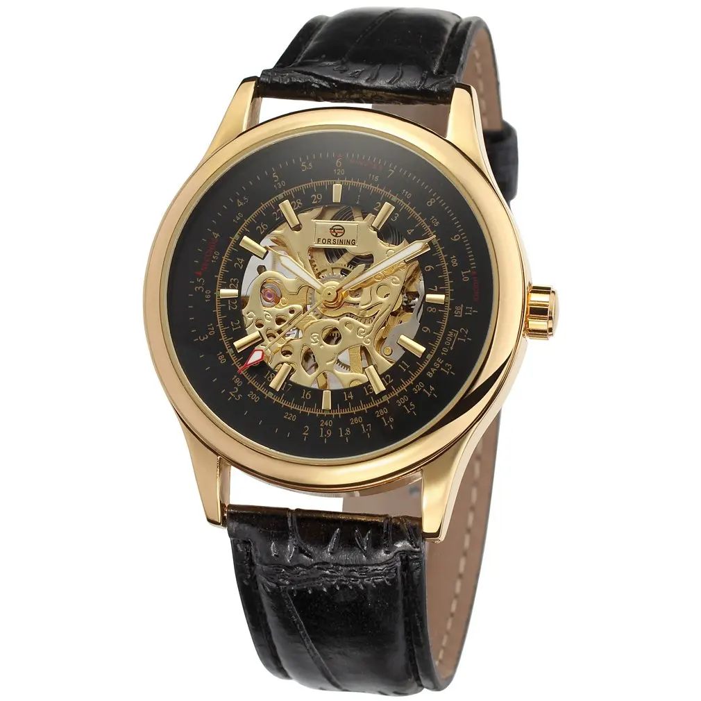 2018 FORSINING تصميم الأزياء الذهب الأسود ساعة اليد الرياح الميكانيكية ووتش للرجال أسود حلقة من جلد Relogio الذكور الشحن مجانا