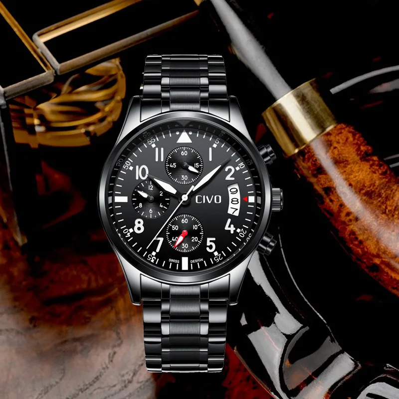 

CIVO Fashion Waterproof Watches Black Stainless Steel Quartz Watch Men Military Sports Watch Men Gents Date Calendar Wristwatch