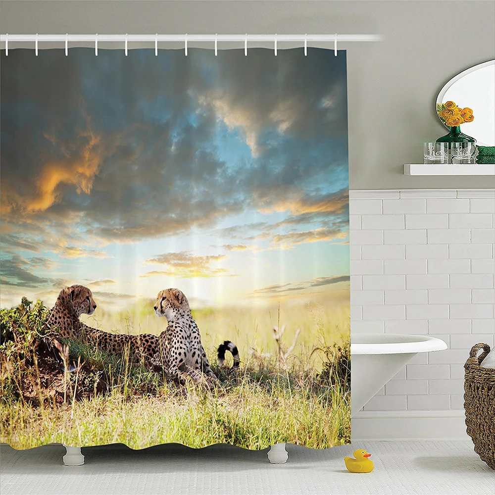 

Safari Two Cheetahs Africa Nature Grass Dangerous Animals Hunters Rainy Weather Picture Polyester Bathroom Shower Curtain