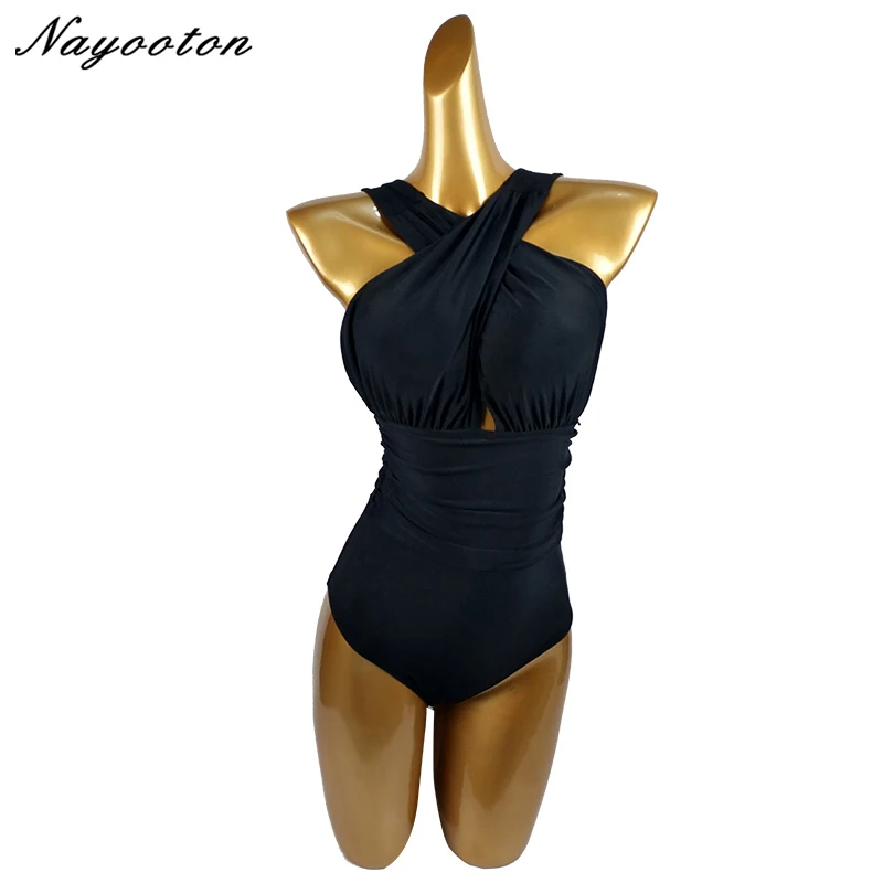 Billige Schwarz Tiefe Gefühle Kreuz einteiliges Badeanzug Frauen Plain Cut out Halter Bademode 2019 Strand Sexy Badeanzug Badeanzüge