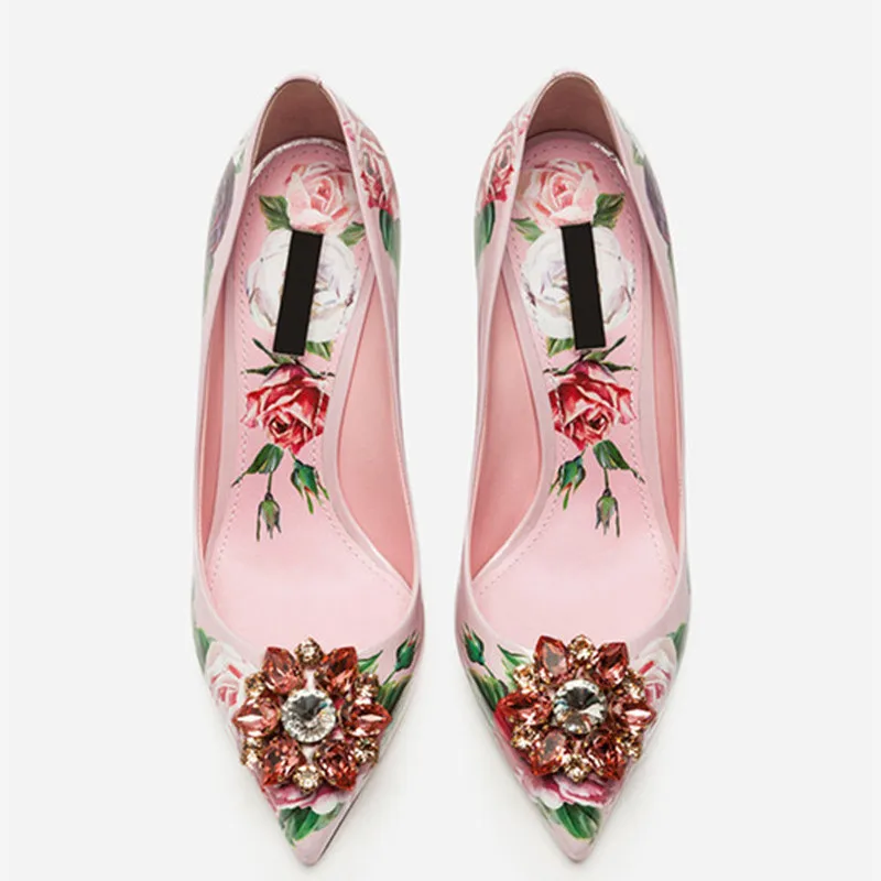 Милые розовые туфли на плоской подошве с цветочным принтом и кристаллами; Женская обувь в сдержанном стиле с острым носком на Плоском Каблуке; Тонкие Туфли-сабо; женская свадебная обувь с цветочным принтом - Цвет: Pink