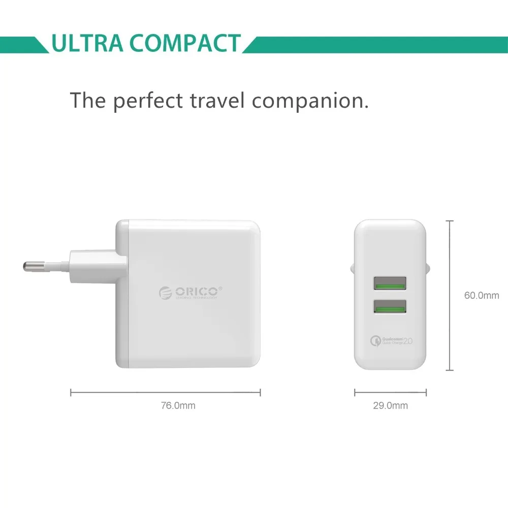 ORICO QC2.0 USB быстрое настенное зарядное устройство, 2 порта, портативная Быстрая зарядка для iPhone iMac, ноутбуков, телефонов, зарядное устройство для путешествий