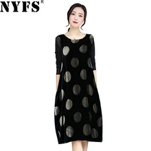 NYFS 2019 New Style Spring Autumn Women Dress Vintage Loose Wave point Corduroy Net yarn Long