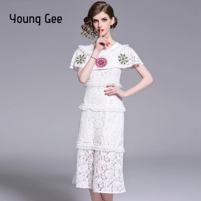 

Young Gee Spring Summer Women Sexy Bodycon Cloak Sleeves White Dresses Elegant Lace Embroidery Floral Midi Slim Dress vestidos