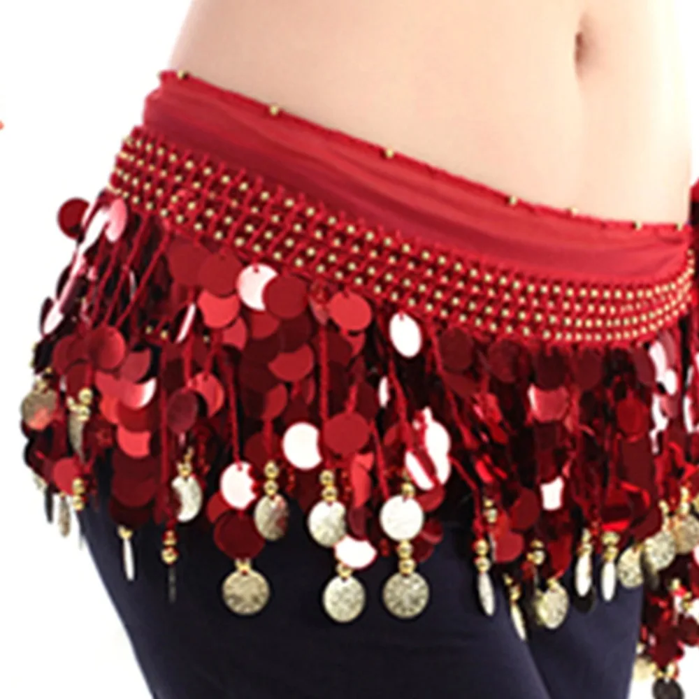 Gold Coins Multi Color Sequins Beads Belly Dance Hip Scarf Skirt Wrap Chiffon 