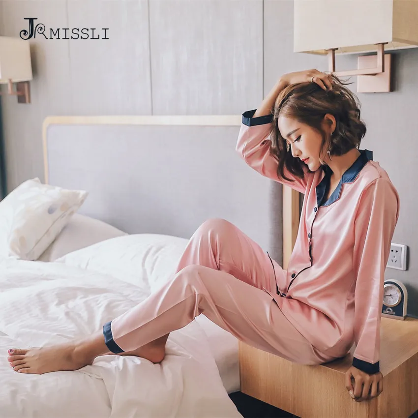 

JRMISSLI 2018 Autumn Women Ladies Sexy Satin Silk Pajamas Sets Long Sleeve Tops+Pants Sleepwear mujer Nightwear pyjama femme
