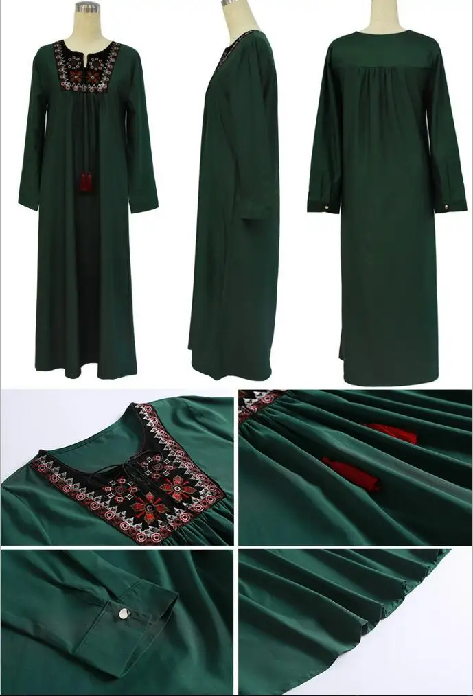 Muslim Dress Women Long Sleeve Embroidery Patchwork Abaya Loose Pakistan Free Plus Size Ethnic Arab Robe Islamic Clothing (3)