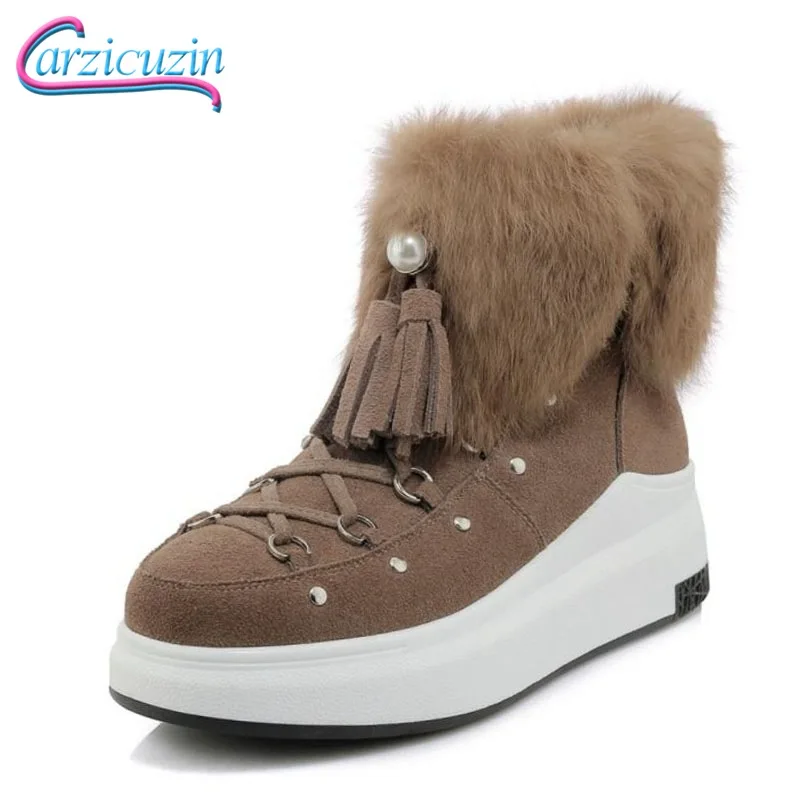 

CarziCuzin Women Real Leather Flats Snow Boots Cross Strap Winter Warm Shoes Women Zipper Plush Fur Ankle Boots Size 34-39
