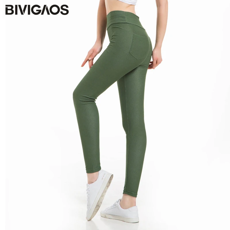 BIVIGAOS весенние Стиль досуга многоцветные джинсы с высокой талией Легинсы большого размера узкие брюки высококачественные Джеггинсы Женские Брюки - Цвет: Армейский зеленый