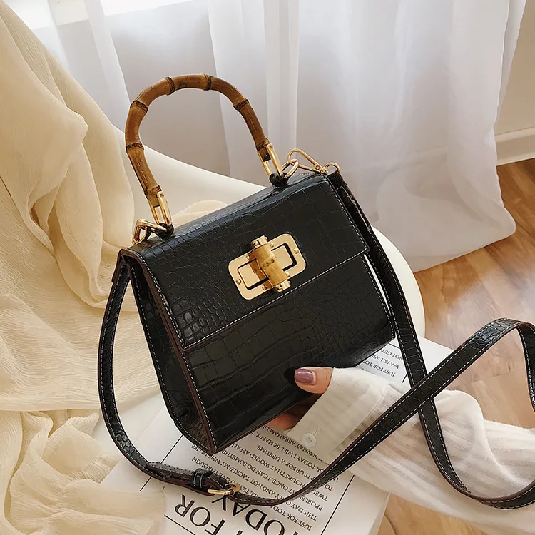 

Fashion embossed crocodile pattern bamboo knot handbag lady bag stone pattern lock small square bag one shoulder inclined bag