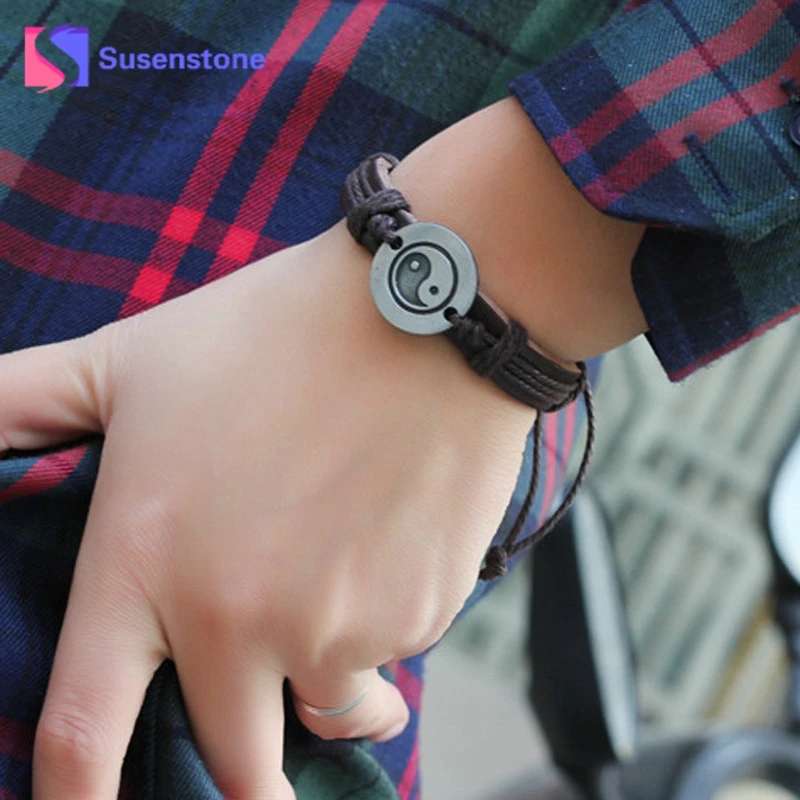 

2018 Tai Chi Ying Yang Tibetan Silver Alloy Pendant Charm Hemp Genuine Leather Bracelet Men Women Wristband Bangle #0430