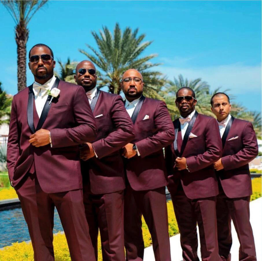 

African Burgundy Mens Suit for Wedding Black Shawl Lapel Groom Tuxedos 3 Pieces Jacket+Pants+Vest Best Man Suit Groomsmen Suit