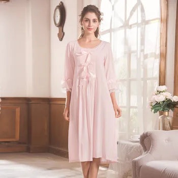 

Cute Night Long Dress Three Quarter Sleeves Nightgown with Satin Bows Princess Sleeping Dress Womens Night Gowns Sleepwear