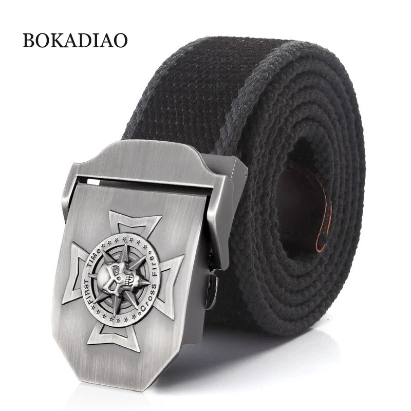 

BOKADIAO Men&Women Military Canvas Belt Luxury Waistband Skull Cross Metal Buckle Jeans Belt Army Tactical Belts For Male Strap