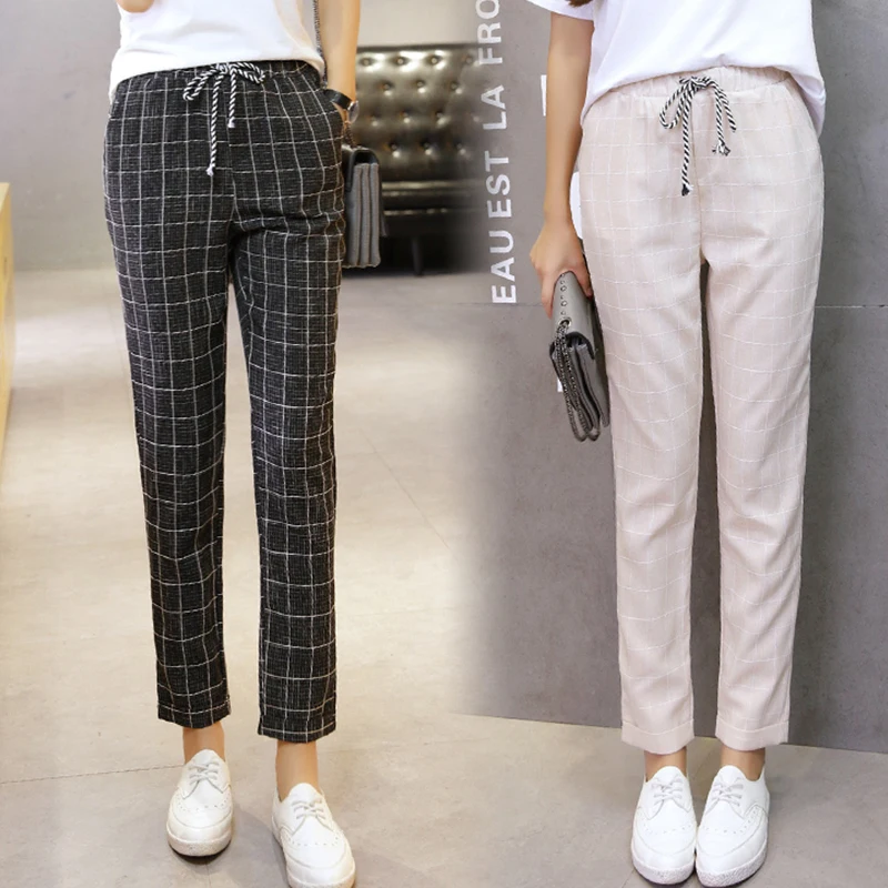 

2019 summer women's spring pants elastic waist plaid casual pencil pants fashion ankle-length harem pants lady trousers female