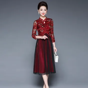 

Party Dress Plus Size L-4XL 2019 Spring New Chinese Style Mesh Embroidery Improved Cheongsam Fake Two Piece Mother Dress